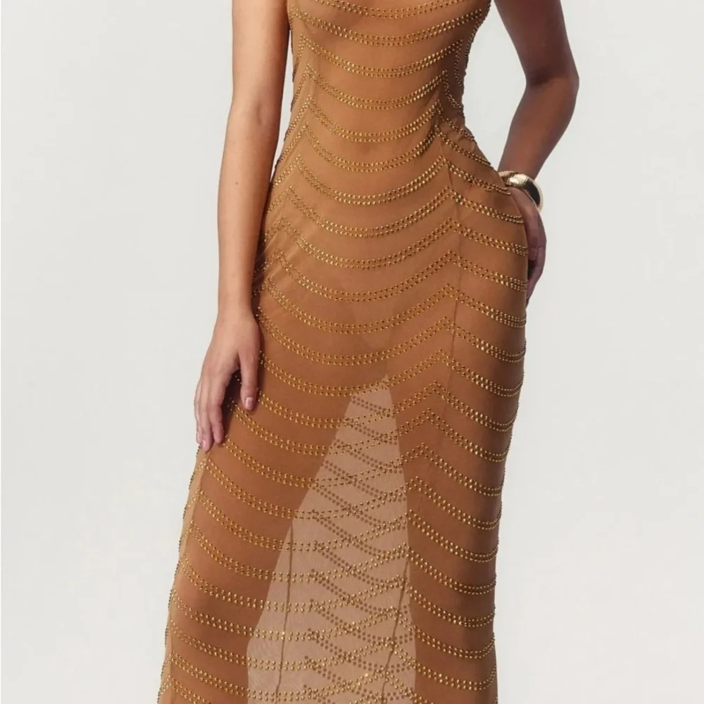 Golden Sheer Gown With Rhinestones Maxi Sleeveless Special Occasions BNWOT